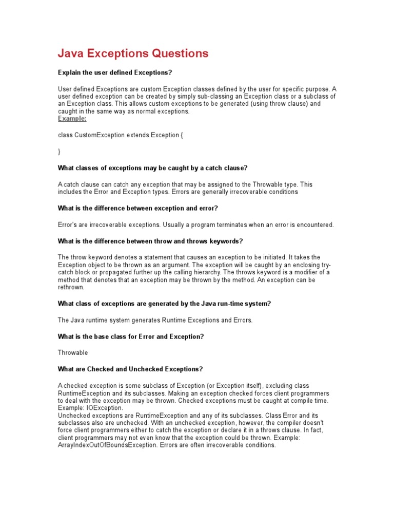 Java Exceptions Questions PDF Class Programming