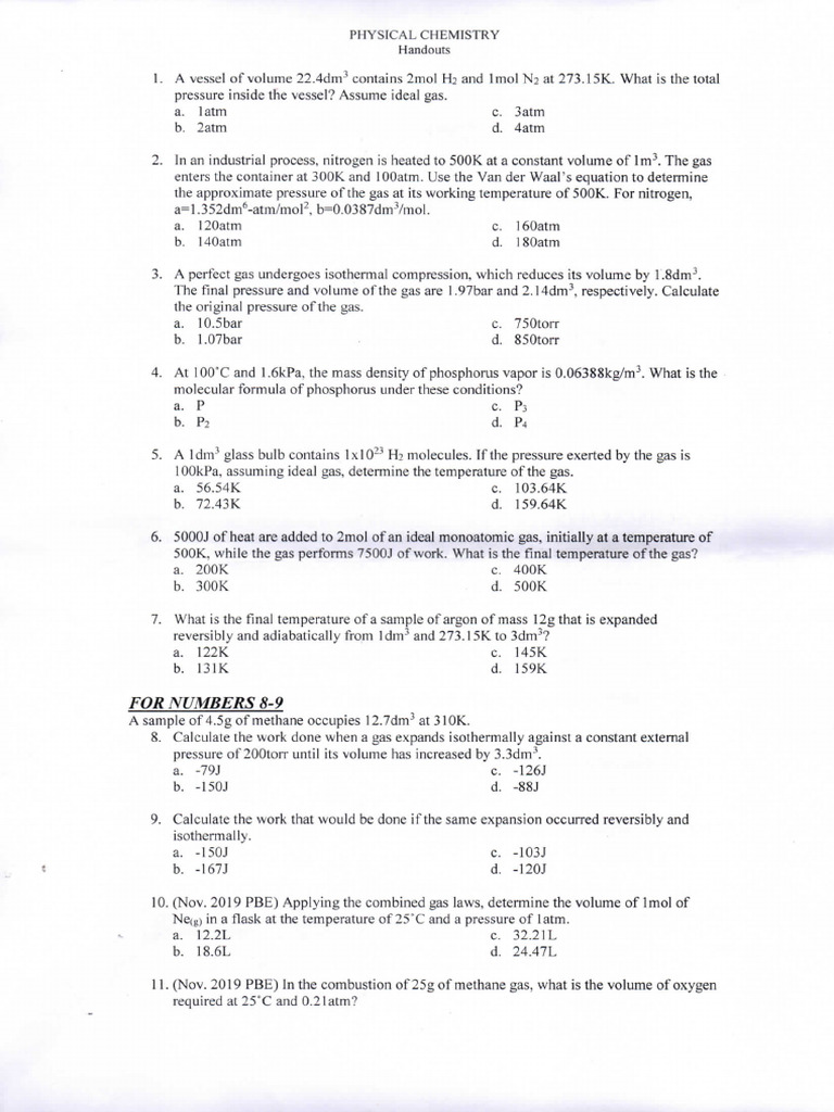 Physical Chemistry Problem Set | PDF | Gases | Viscosity