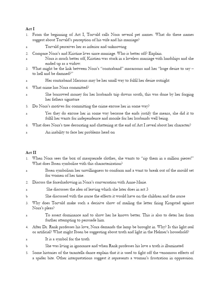 A Doll's House Questions PDF A Doll's House