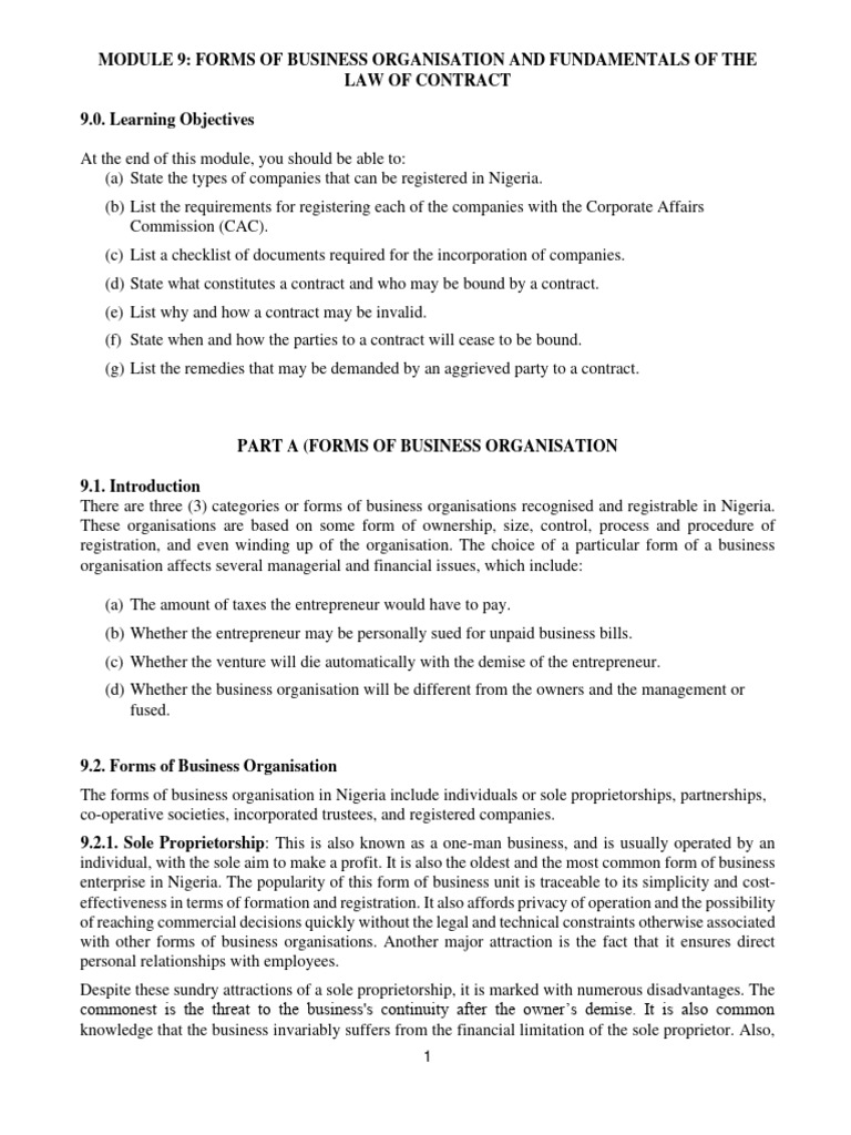 Module 9 - Forms of Business Organisation and Law of Contract | PDF ...