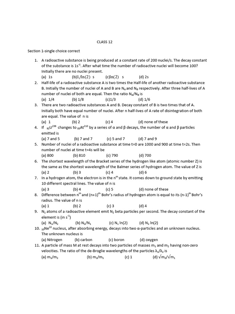 Class 12-Modern Physics Test - Maligaon | PDF | Radioactive Decay | Atoms