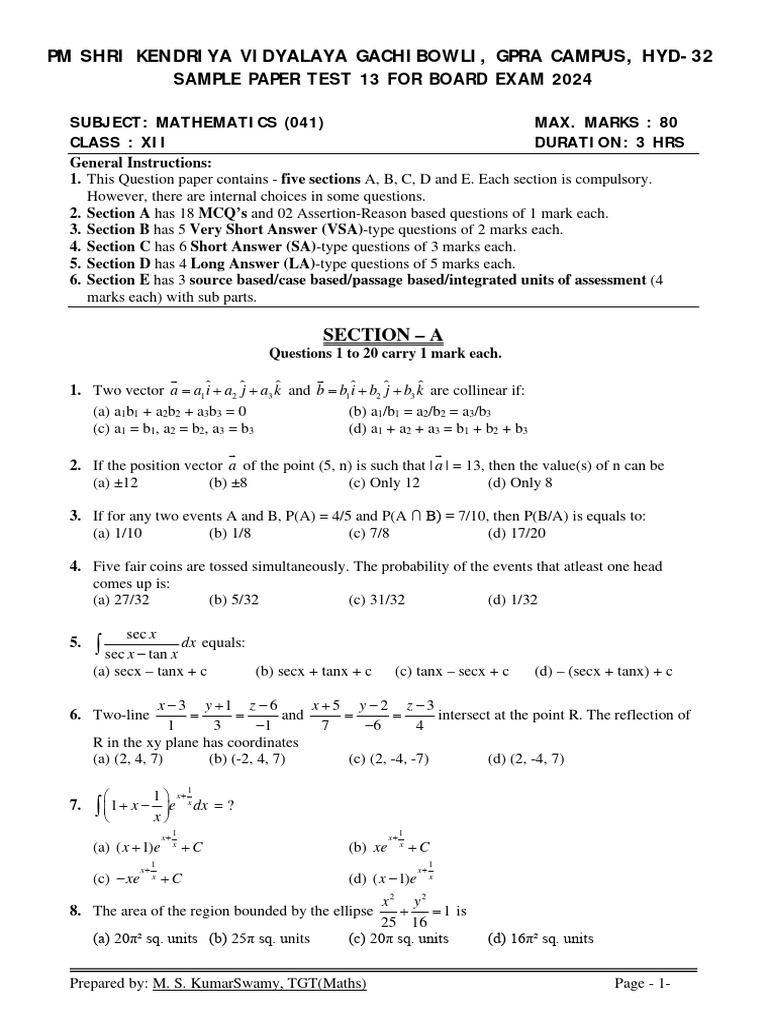 Class 12 Mathematics Sample Paper 2024 | PDF | Mathematical Objects ...