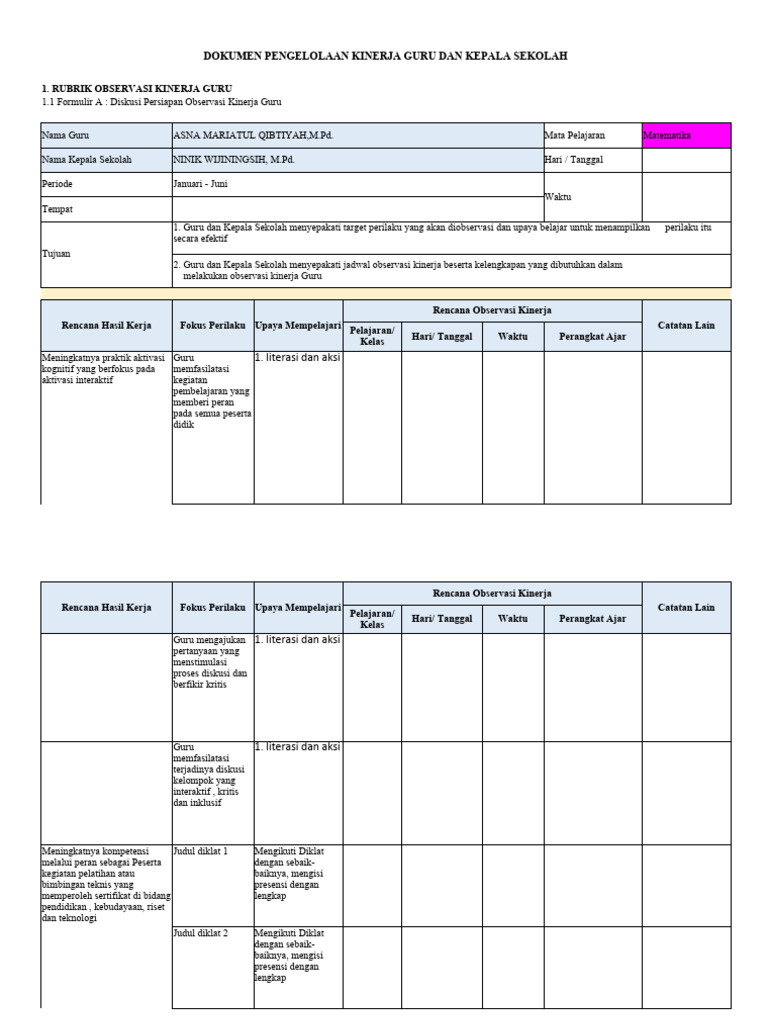 Form Observasi Kinerja Guru Contoh Pdf