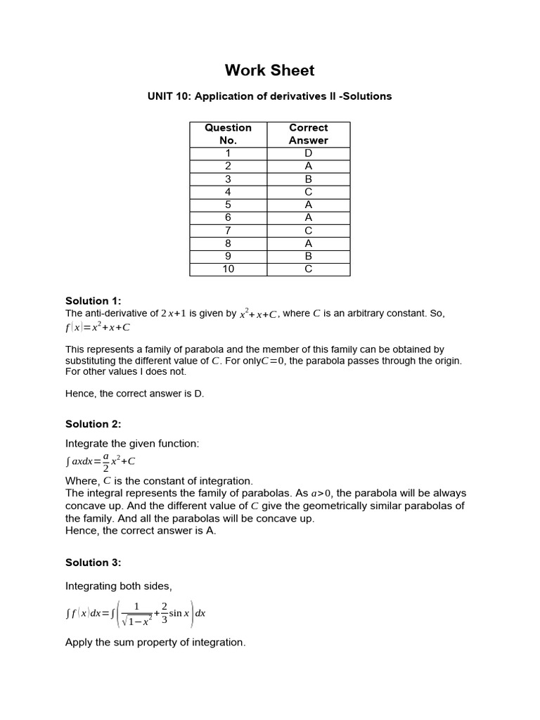 11 - Integrals I - Work Sheet-Solutions | PDF | Calculus | Abstract Algebra