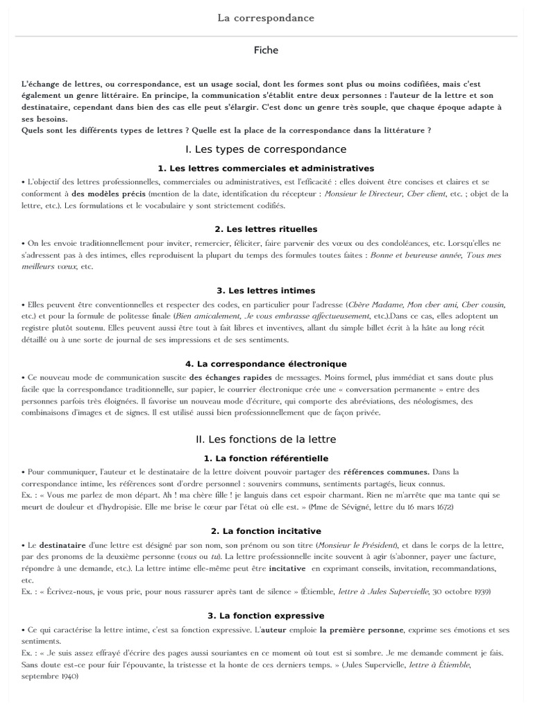 Types et fonctions de la correspondance | PDF | Littérature française