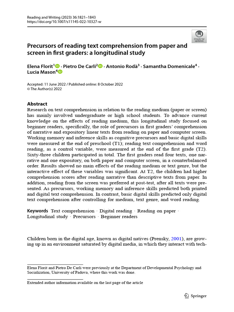 Precursors of reading text comprehension from paper and screen in first