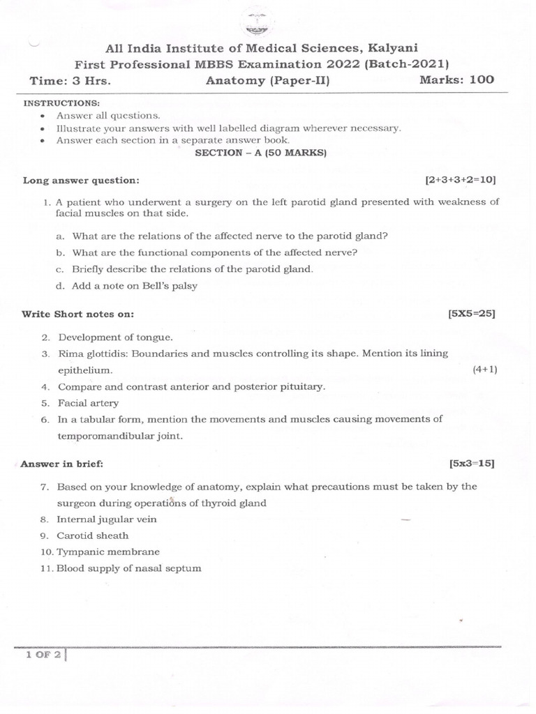 1st MBBS PROF Anatomy Paper 2 2022 23 | PDF