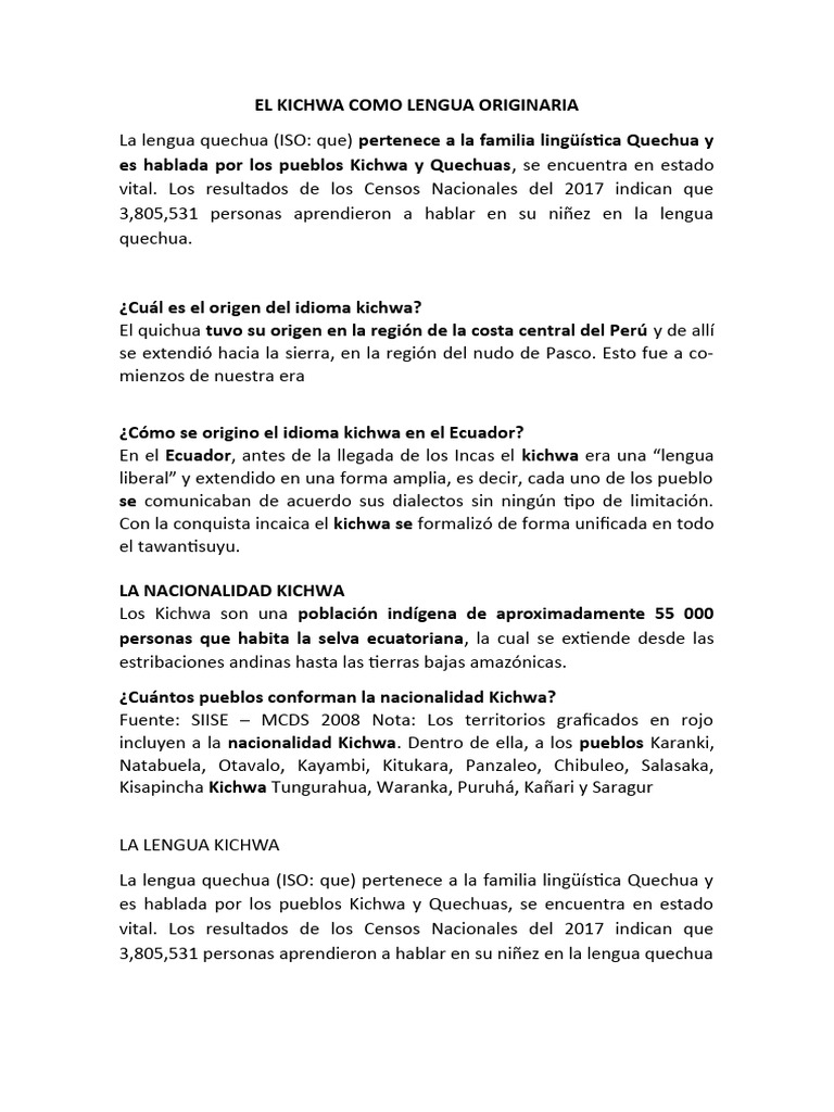 El Kichwa Como Lengua Originaria | PDF