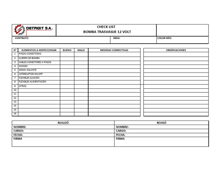 Check List Bomba de Agua 12V | PDF