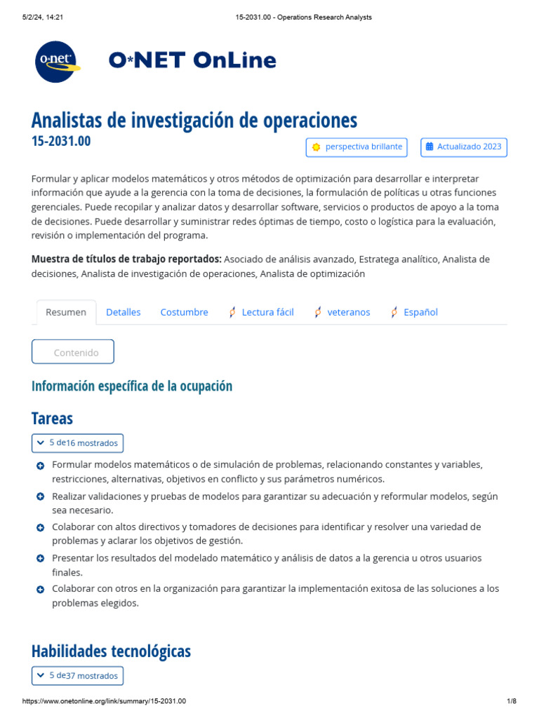 15-2031.00 - Operations Research Analysts | PDF | Software | SQL