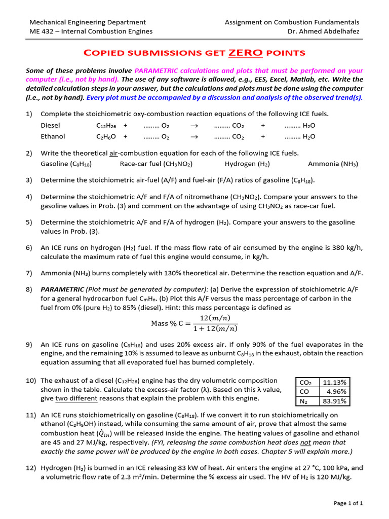 HW1 - Combustion Fundamentals | PDF | Stoichiometry | Combustion