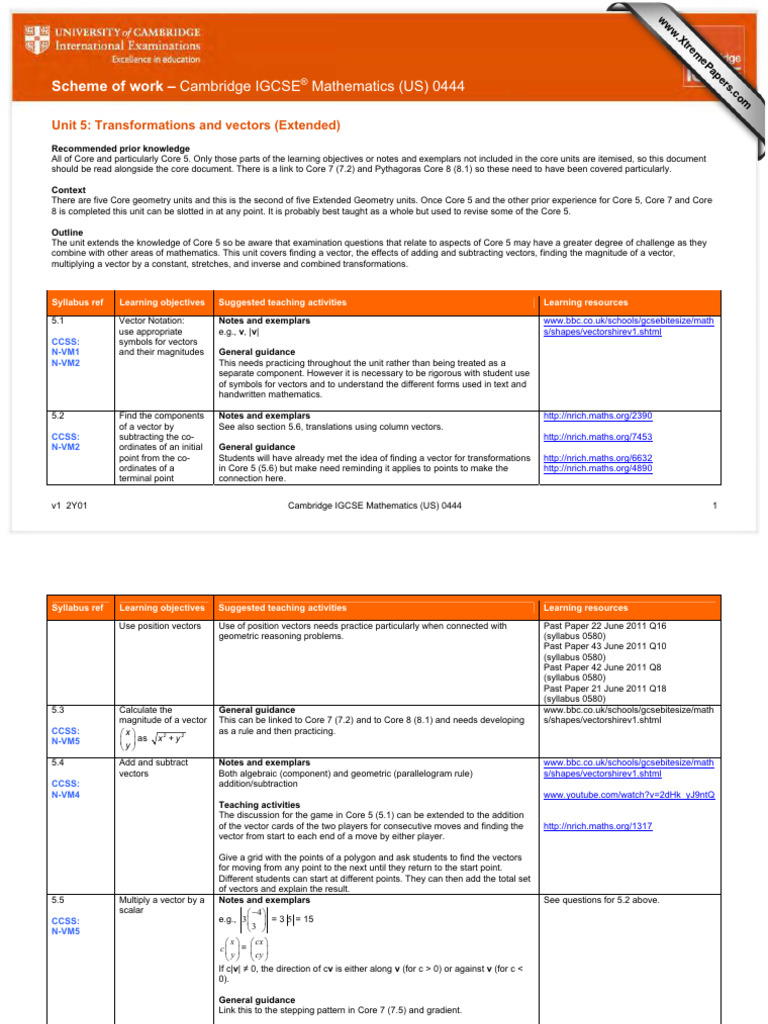 Scheme of Work Cambridge IGCSE | PDF | Euclidean Vector | Mathematics