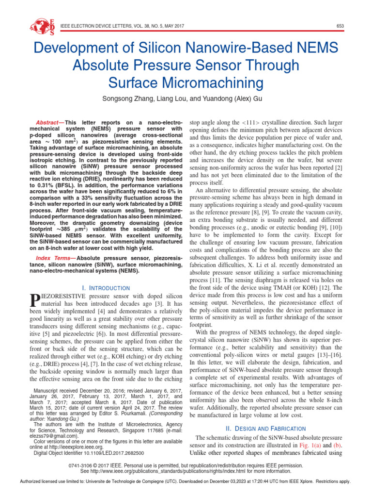 Silicon Nanowire NEMS Pressure Sensor | PDF | Semiconductor Device ...