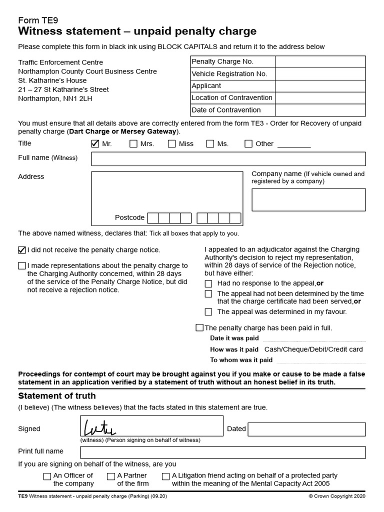 TE9 Witness Statement for Penalty Charges | PDF | Witness | Truth
