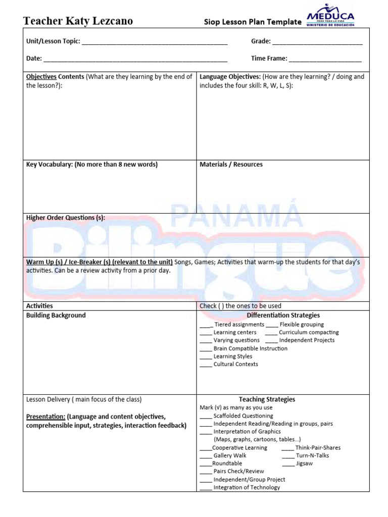 Siop Model Pdf Educational Assessment Lesson Plan