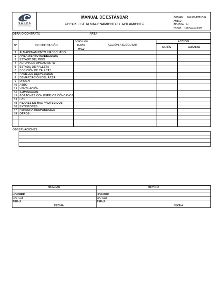 Checklist de Almacenamiento y Apilamiento | PDF