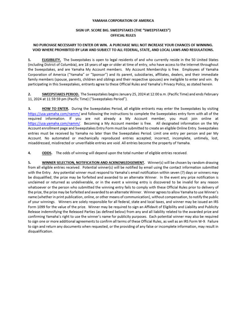 NAMM2024 Sweepstakes Rules | PDF | Justice | Crime & Violence