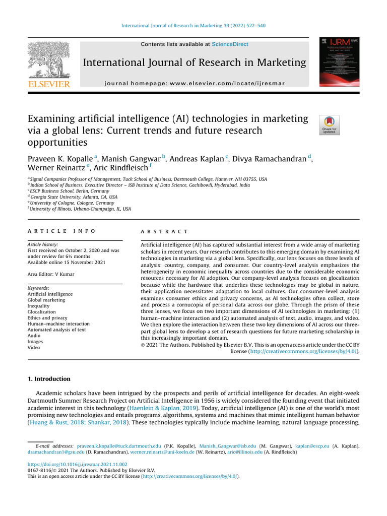 Examining Artificial Intelligence (AI) Technologies in Marketing Via A ...