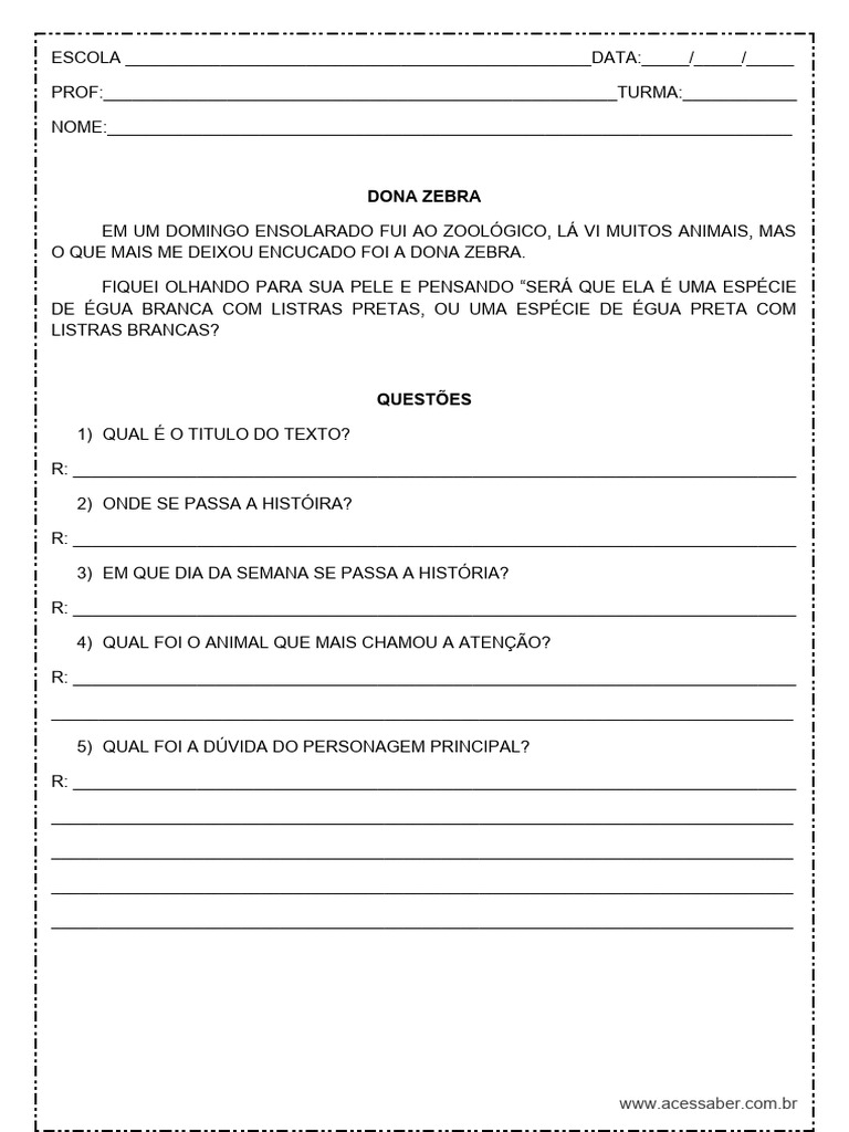 Interpretacao de Texto Dona Zebra 2º Ou 3º Ano | PDF