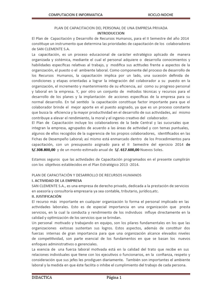 Plan de Capacitacion Del Personal de Una Empresa Privada | PDF ...