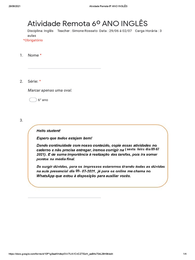Atividade Remota de Inglês - 6º Ano | PDF