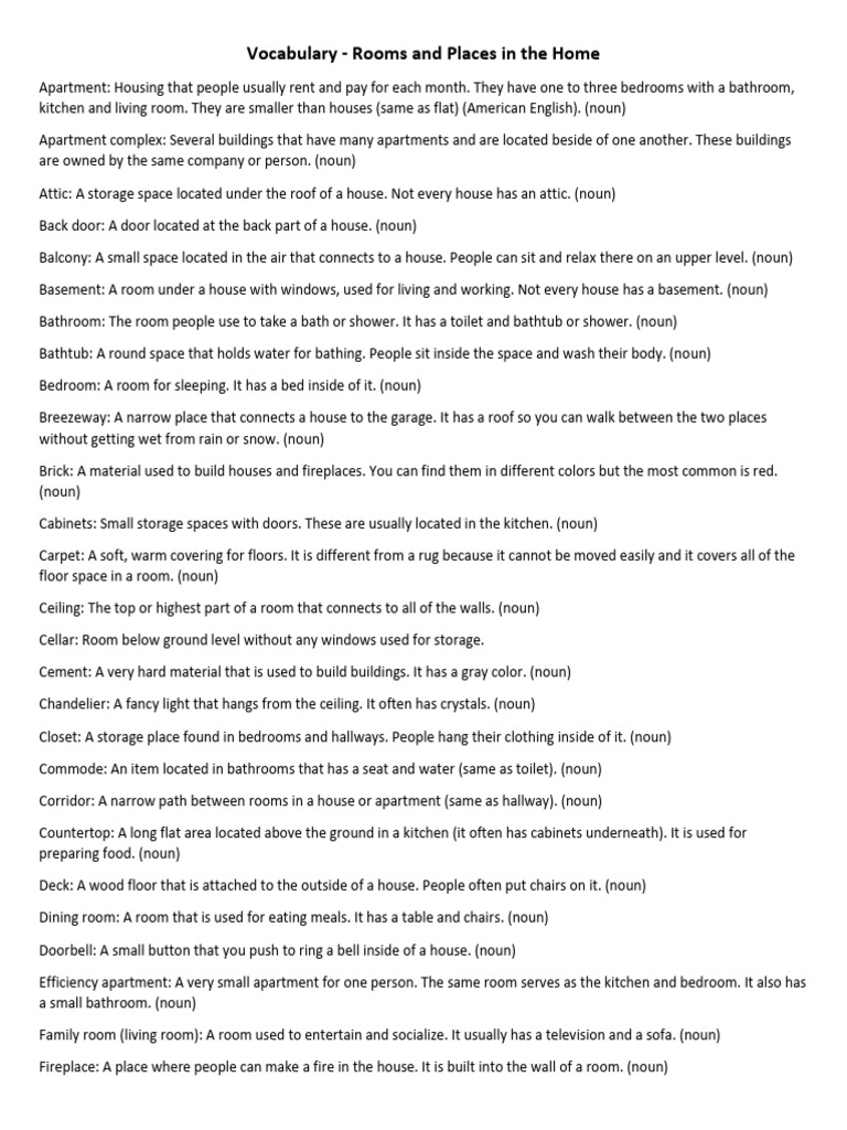 Vocabulary - Rooms and Places in The Home | PDF | Room | Apartment