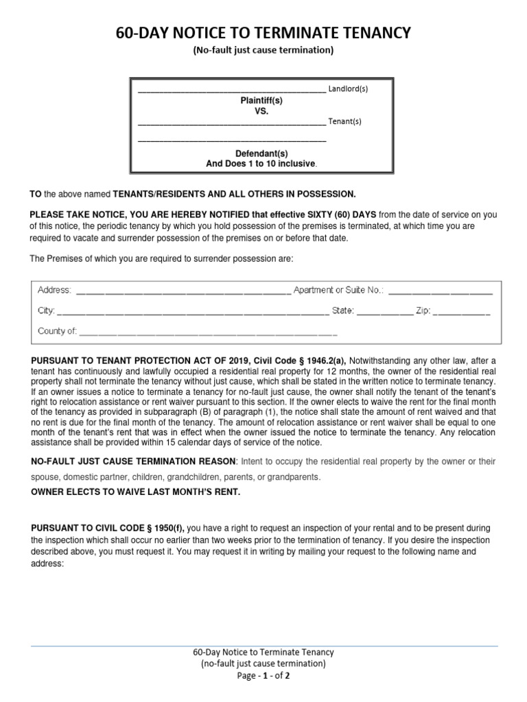 60-Day Notice To Terminate NO-fault Owner Occupy | PDF | Leasehold Estate |  Landlord, image size:768x1024