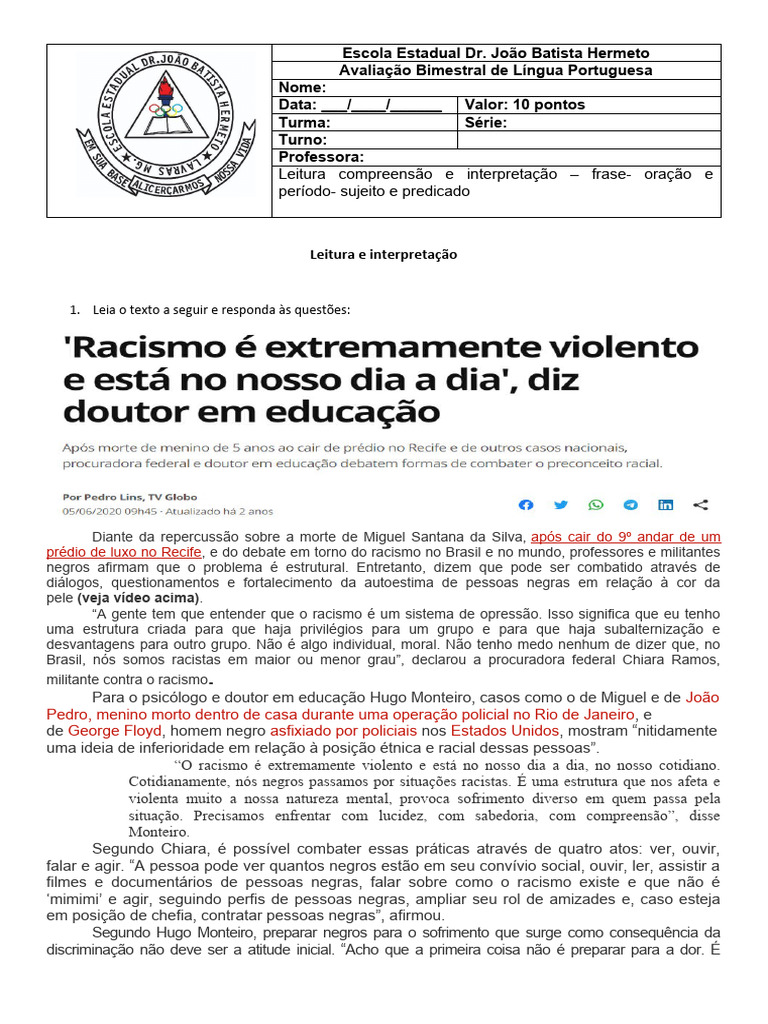 Interpretação de Texto sobre Racismo | PDF | Racismo | Discriminação e ...