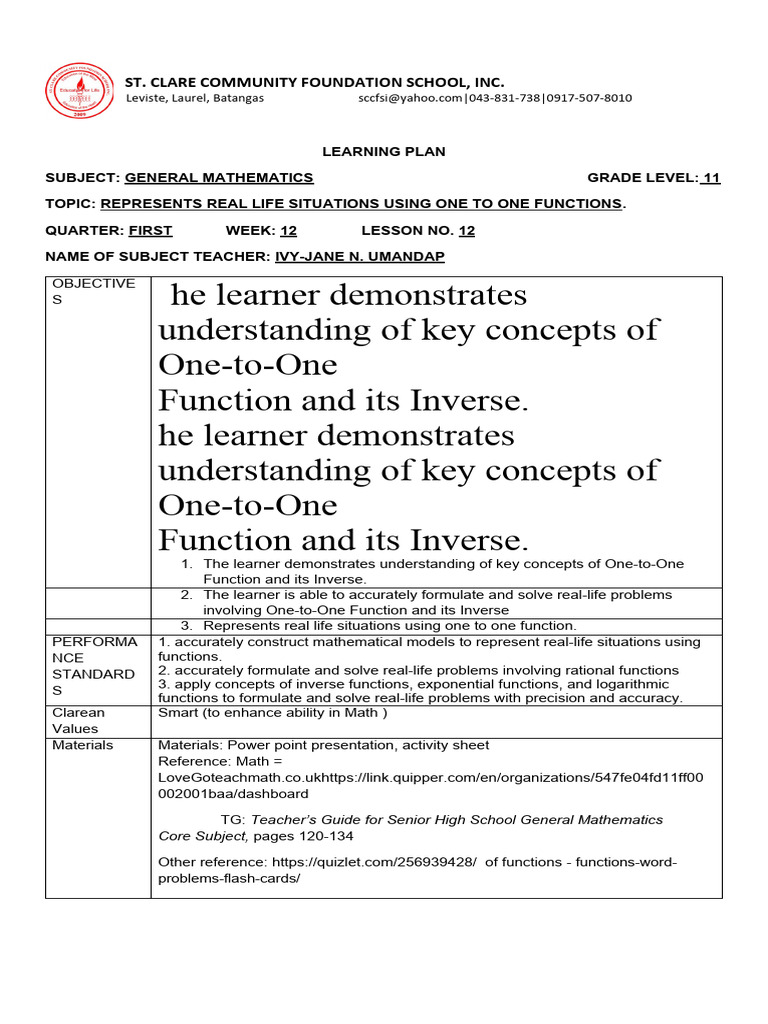 Learning plan general mathematics 11 lesson 12 pdf function