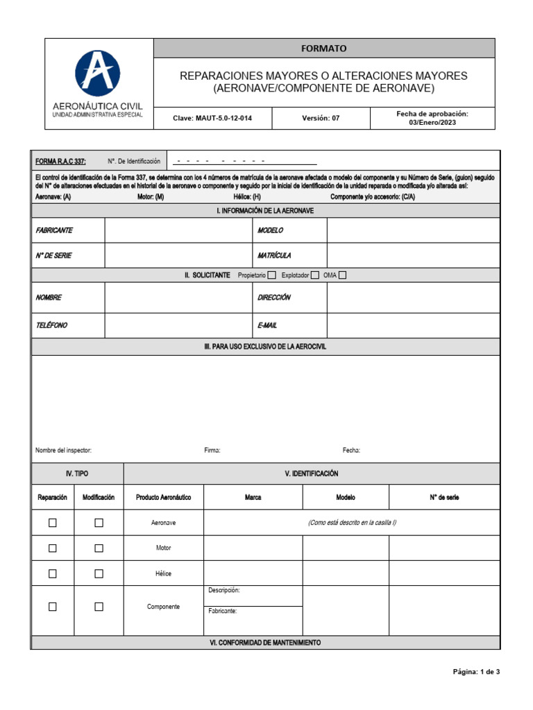 Formulario RAC 337 para Reparaciones Mayores | PDF | Aeronave | Aviación