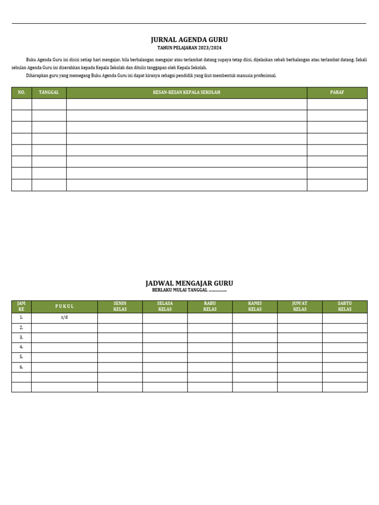 Format Jurnal Mengajar Guru 2023/2024 | PDF