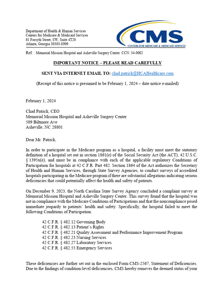 Medicare Compliance Notice for Asheville Surgery | PDF | Hospital ...