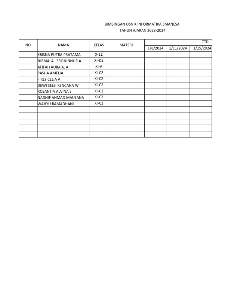 Absensi Bimbel OSN INFORMATIKA Tahun 2024 | PDF