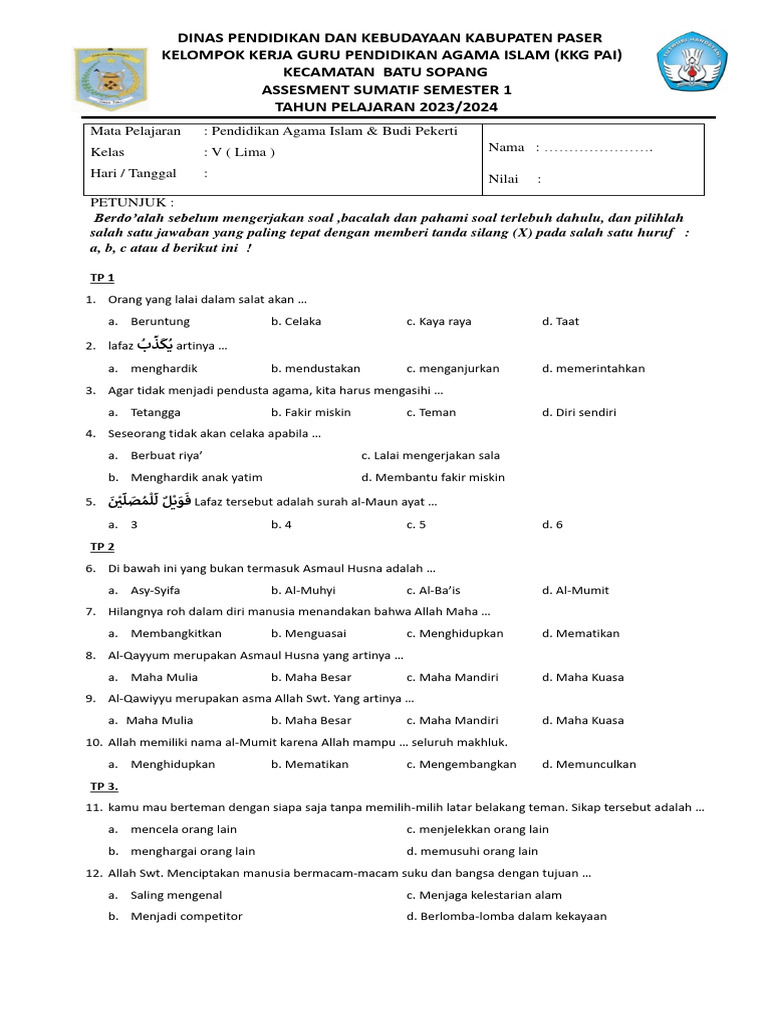 UAS PAI Kelas 5 Semester 1 2023/2024 | PDF | Agama & Spiritualitas