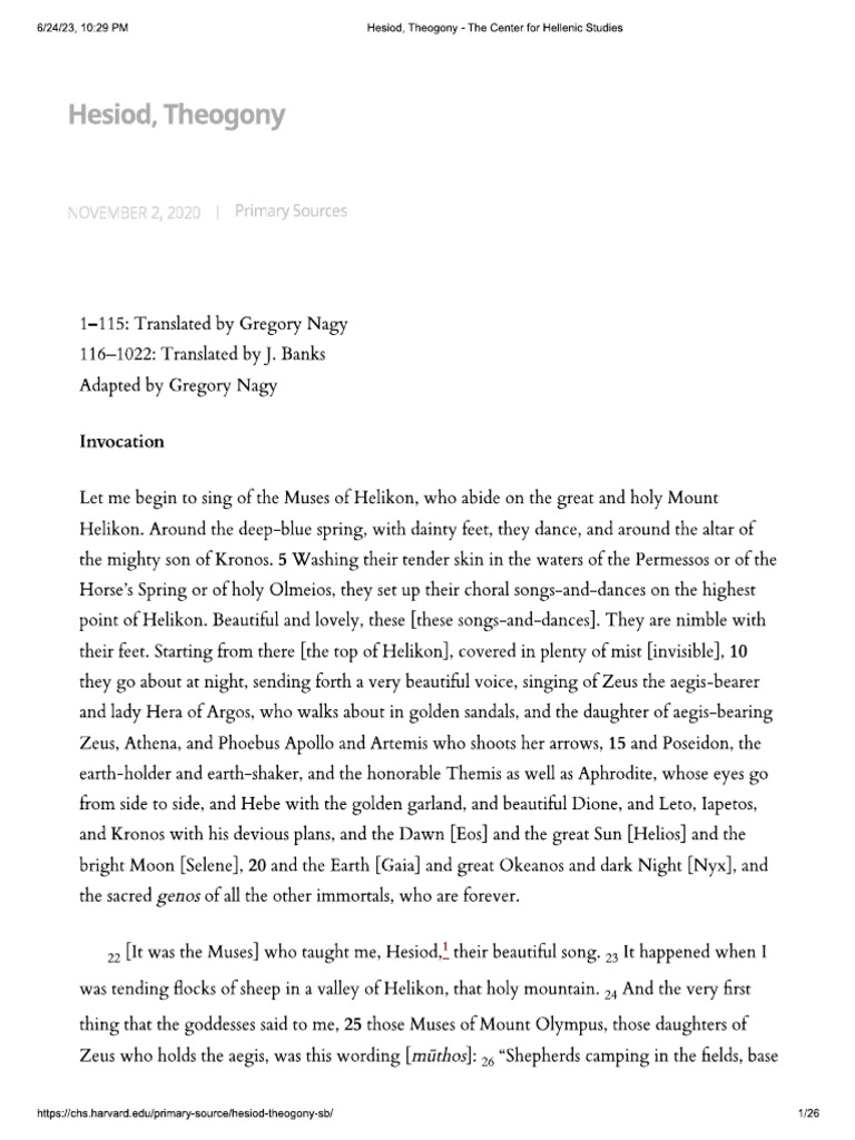 Theogony of Hesiod - The First Mention of Gods | PDF