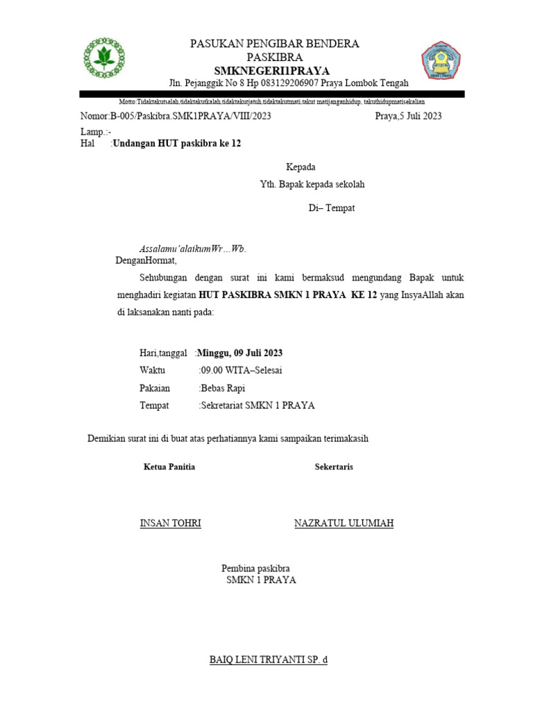 Surat Undangan Kepala Sekolah | PDF
