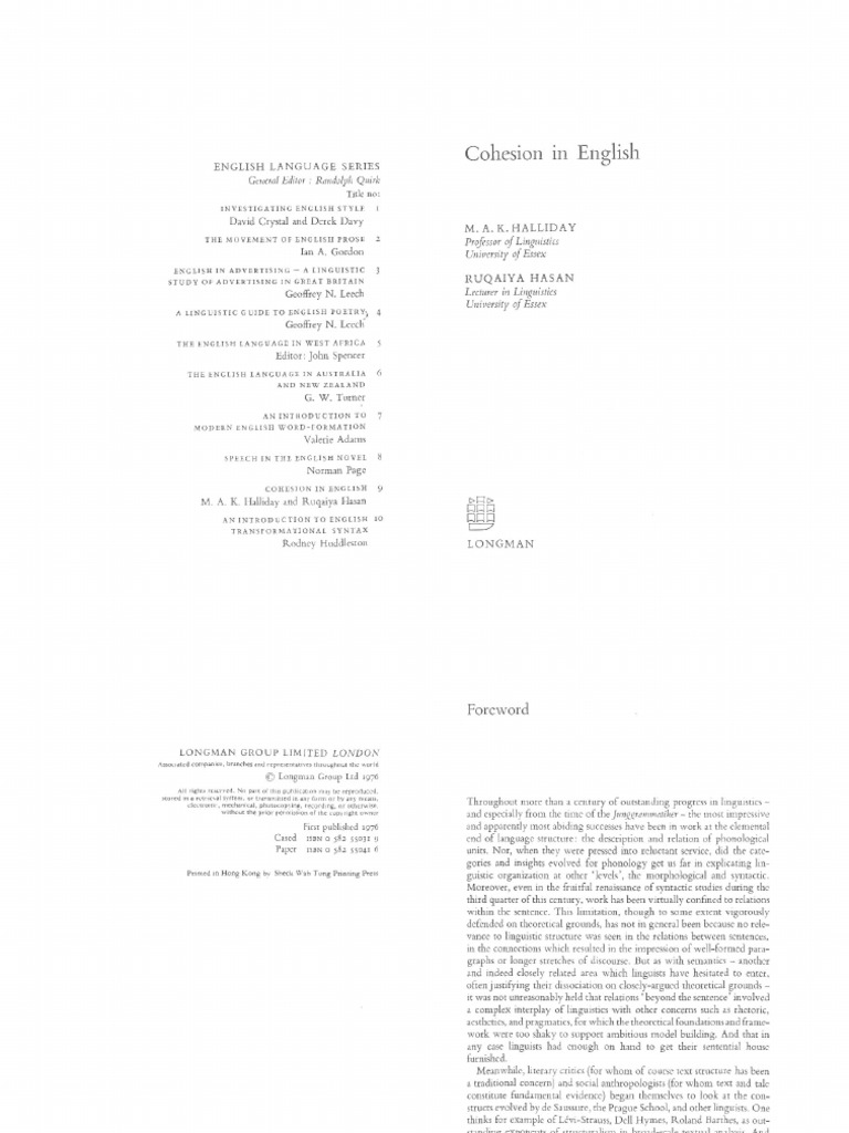 Cohesion in English Halliday and Hasan PDF