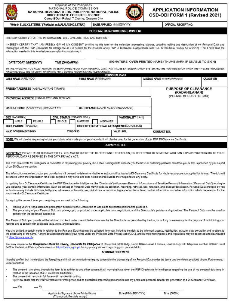 PNP DI Clearance Application Form | PDF | Privacy | Government