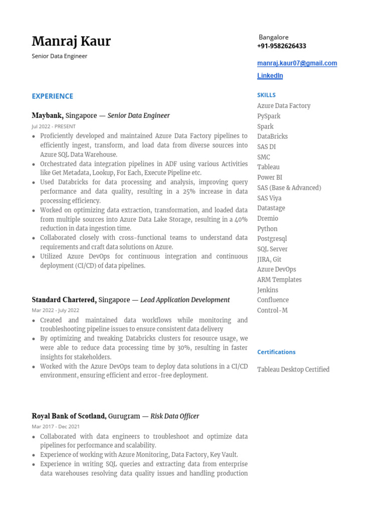 Senior Data Engineer Resume - Manraj Kaur | PDF | Sas (Software ...