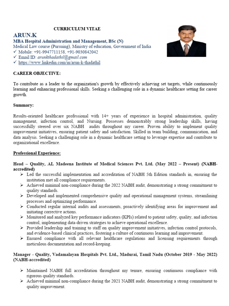 Quality Manager CV PDF Patient Safety Nursing