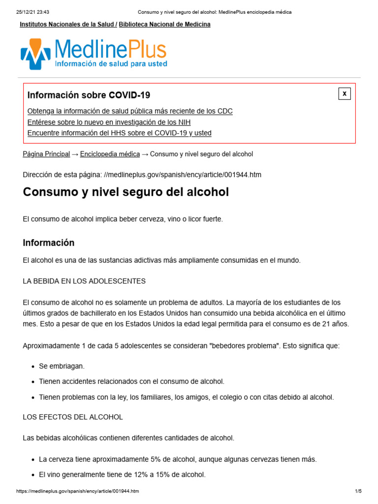 Consumo y Nivel Seguro Del Alcohol - MedlinePlus Enciclopedia Médica | PDF  | Alcoholismo | Bebidas alcohólicas, image size:768x1024