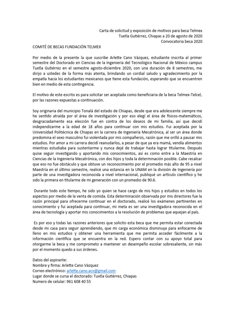 Carta de Solicitud y Exposición de Motivos para Beca Telmex PDF