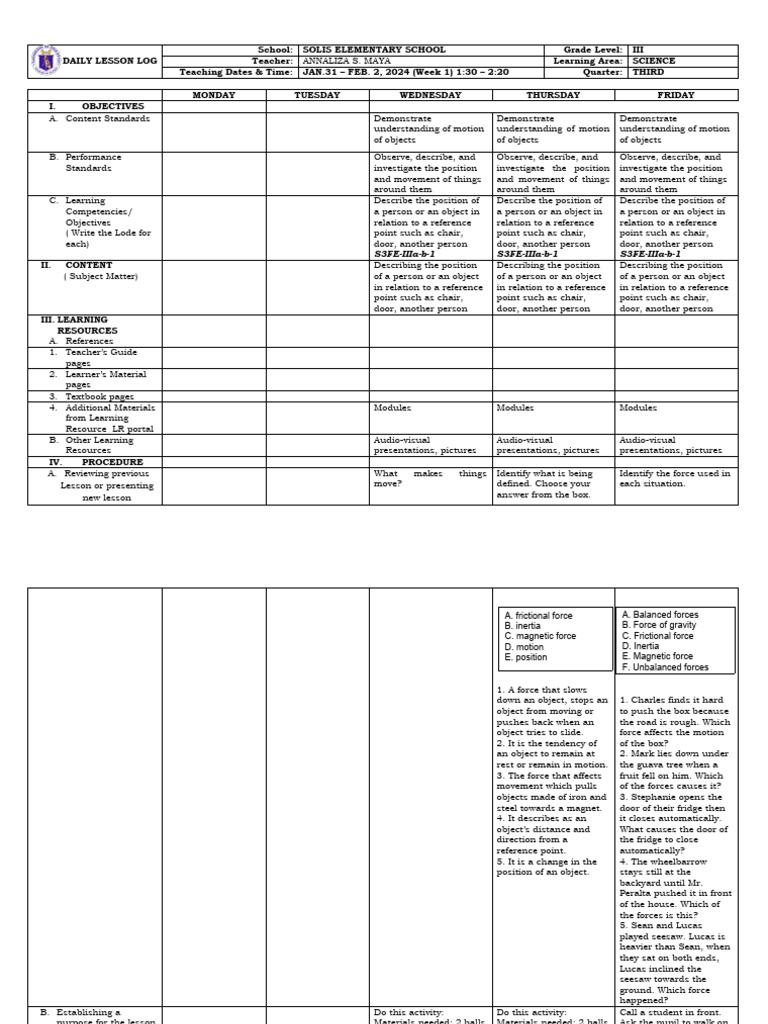 Grade 3 Science DLL Q3 Week 1 | PDF | Force | Friction