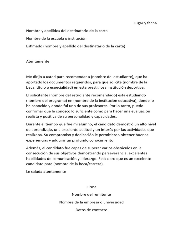Carta de Recomendacion Deportiva en Word | PDF