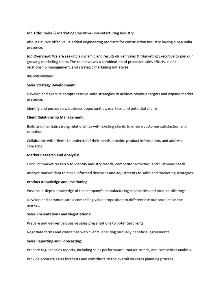 Sales & Marketing Exec - Manufacturing | PDF | Sales | Marketing