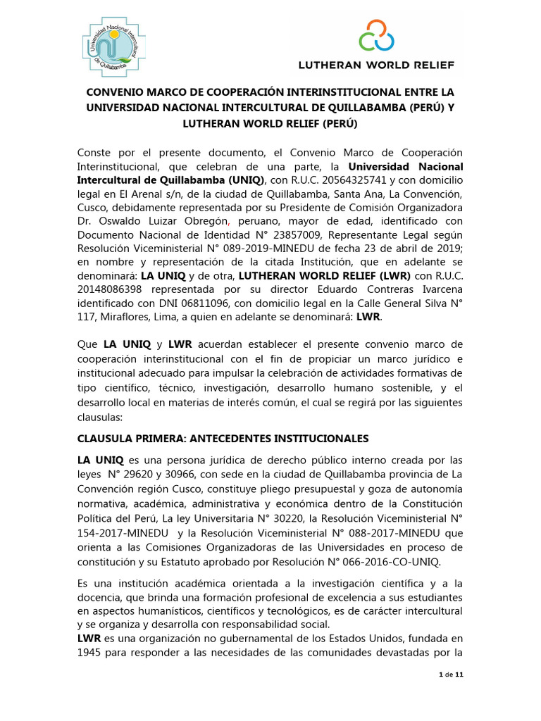 Convenio Marco Cooperación Interinstitucional Uniq Y Lwr Pdf Abuso
