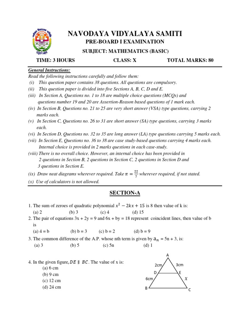 Kv basic qp maths preboard class 10 sample paper pdf color rainbow