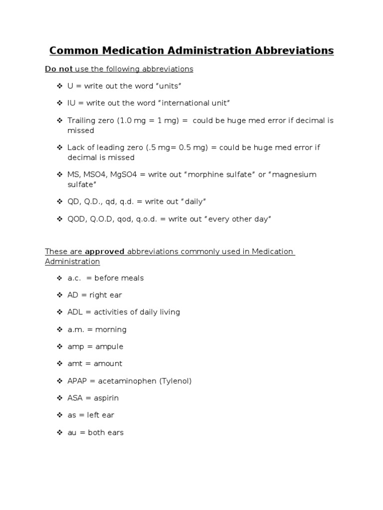 Common Medication Administration Abbrevi PDF Saline (Medicine