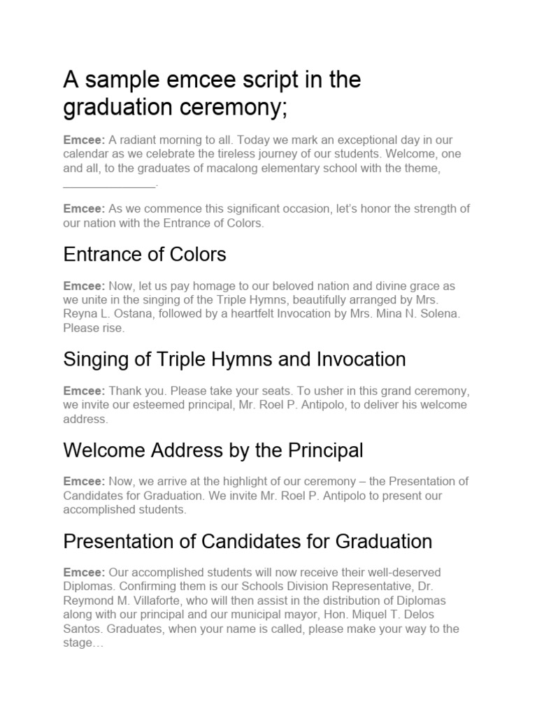 Emcee Script for Elementary Graduation | PDF | Meetings | Rituals