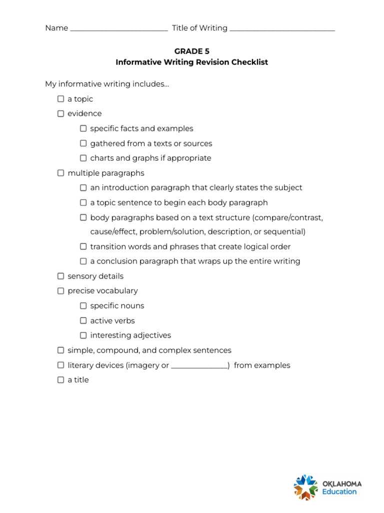 Informative Writing Checklist For 5th Grade Pdf